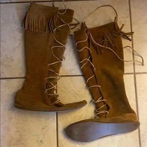Brown leather moccasin boots